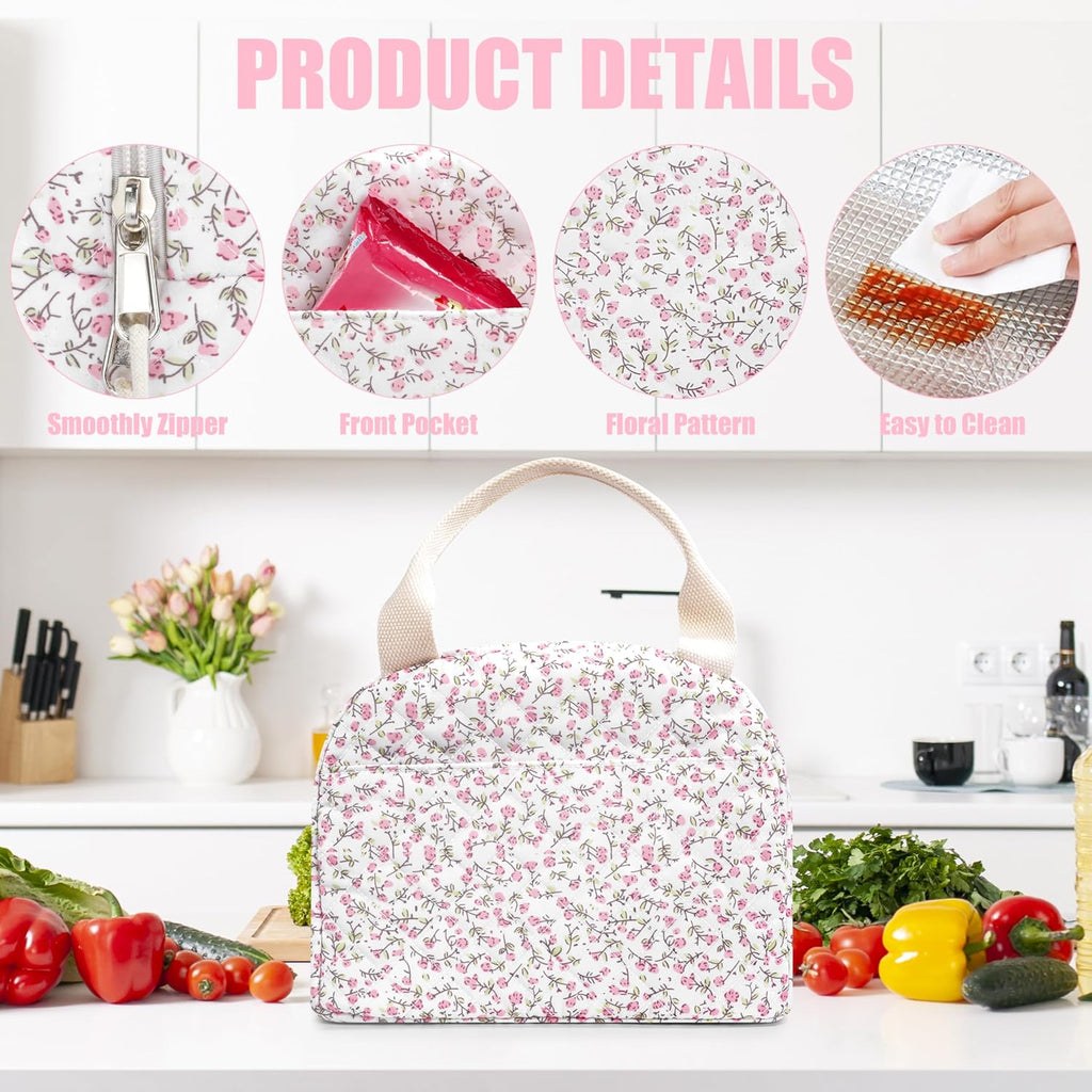 BuyCard Insulated Lunch Bag Women, Reusable Corduroy Cute Lunch Box, Leakproof Floral Lunch Tote Bag with Large Capacity, Small Cooler Lunch Container for Work Office Travel Picnic (Pink Floral)