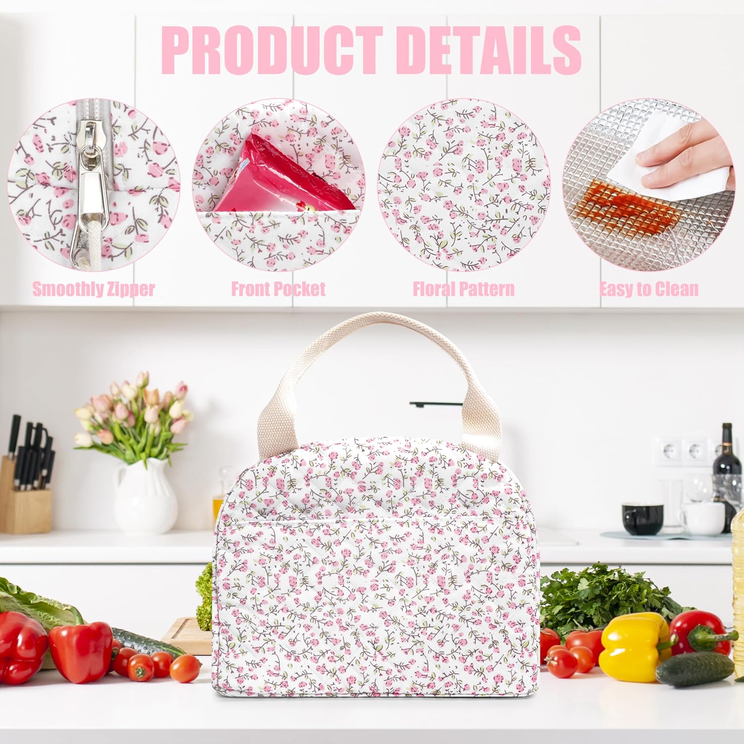 BuyCard Insulated Lunch Bag Women, Reusable Corduroy Cute Lunch Box, Leakproof Floral Lunch Tote Bag with Large Capacity, Small Cooler Lunch Container for Work Office Travel Picnic (Pink Floral)