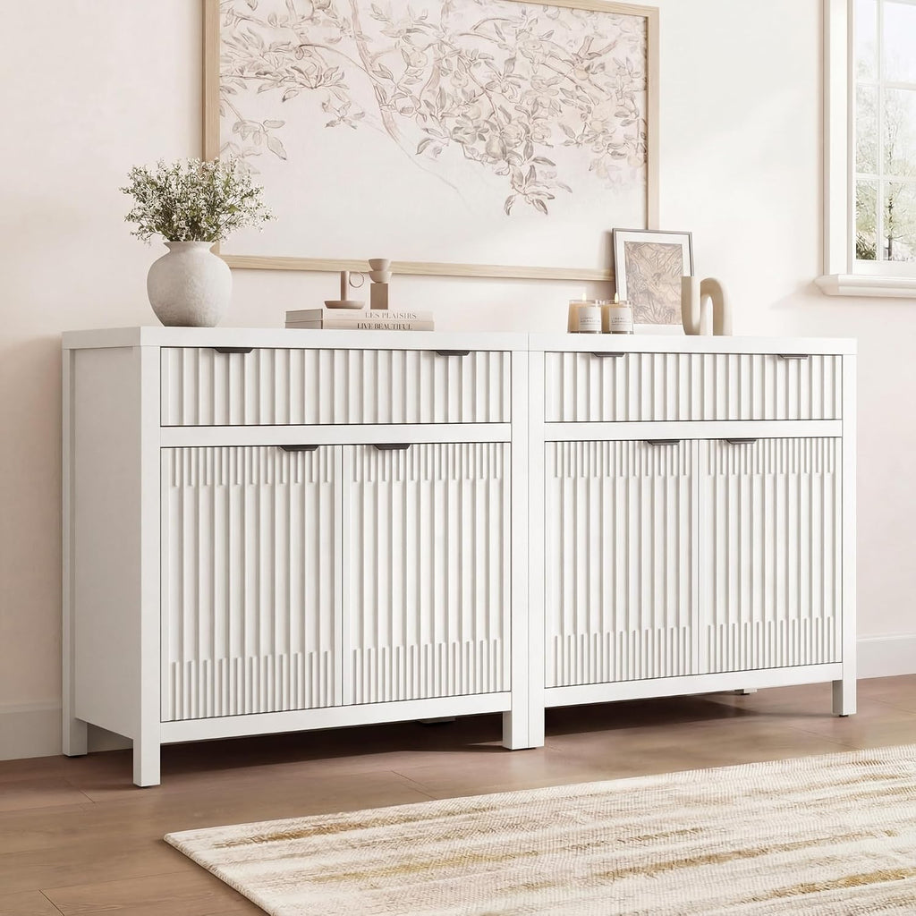 Fatmok Fluted Buffet Cabinet with Storage Set of 2, 34" Tall Modern Arched Sideboard Cabinet w/AdjustableShelves,Wooden Modular Coffee Bar for Dining Room, Kitchen, Living Room, Entryway, White