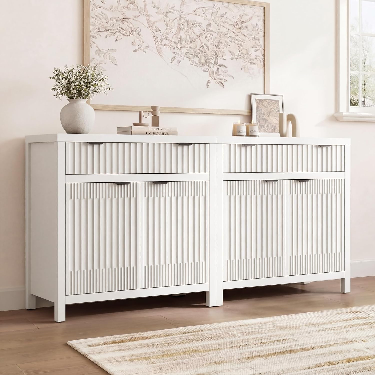 Fatmok Fluted Buffet Cabinet with Storage Set of 2, 34" Tall Modern Arched Sideboard Cabinet w/AdjustableShelves,Wooden Modular Coffee Bar for Dining Room, Kitchen, Living Room, Entryway, White