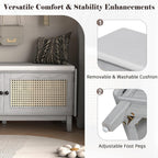 LUMISOL 2-Tier Storage Bench, Rattan Entryway Bench with Storage, Cushioned Shoe Bench with Double Doors for Entryway, Hallway, Grey+Beige