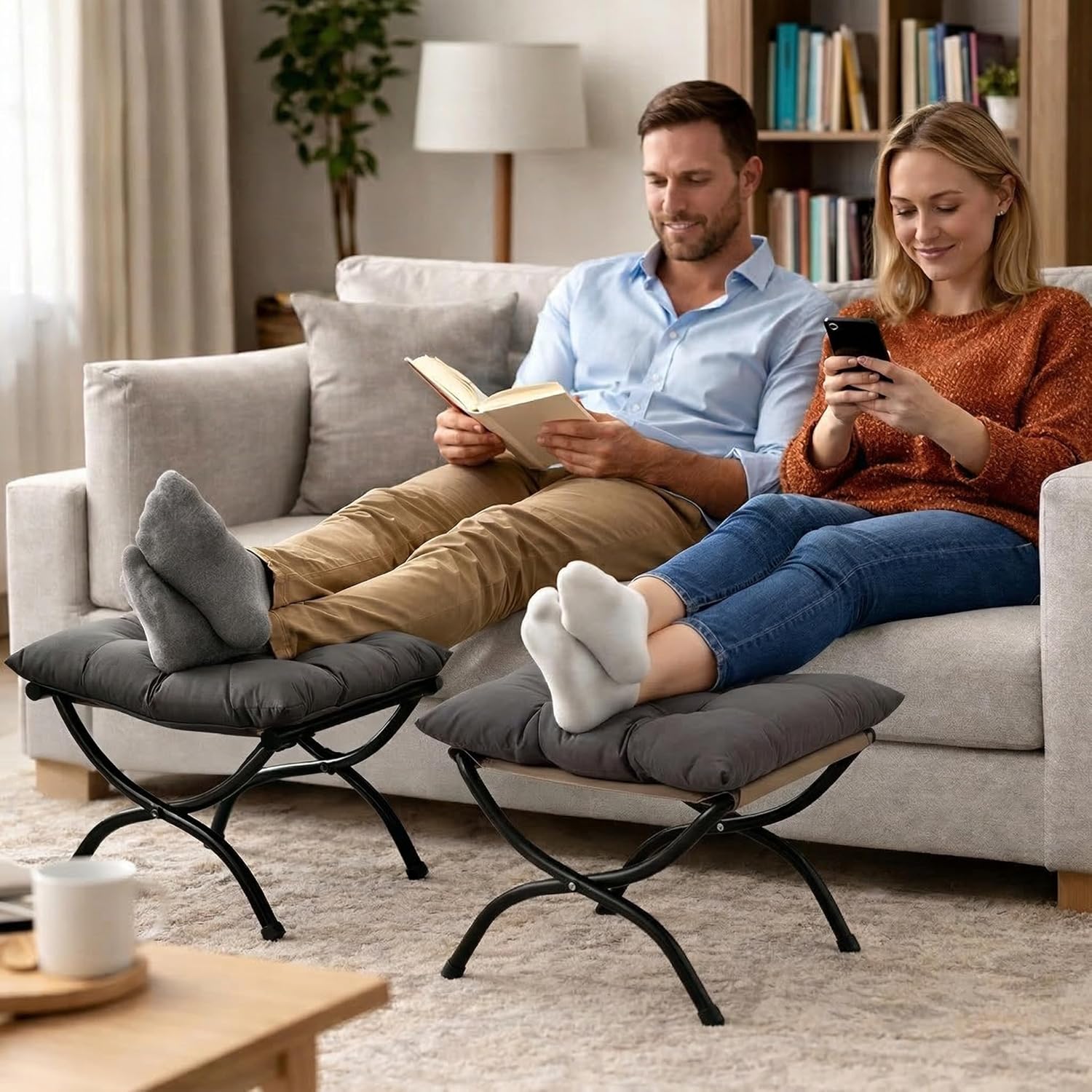 HollyHOME 15"(H) Folding Footrest Stool, Small Foldable Ottoman, Accent Padded Sofa Foot Stool for Chairs and Sofas, Portable Foot Rest Ottoman for Home, Living Room, Bedroom,Dorm,2-Pack,Dark Grey