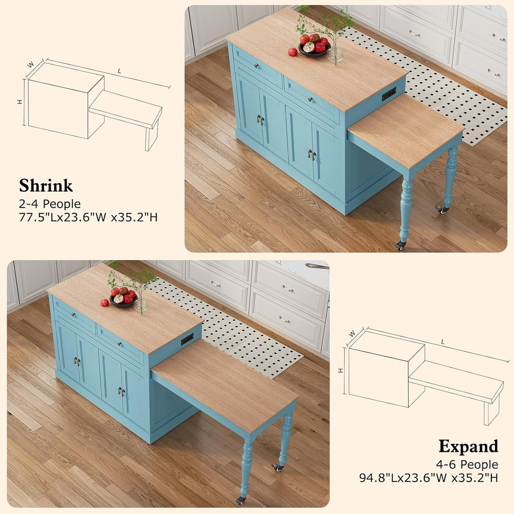 HLR 87.5" Kitchen Island with Extendable Table for 2-6, Rolling Islands Cart with 4 Doors, Mobile Kitchen Island with Storage Slide Out Legs and Power Outlet (Light Blue)