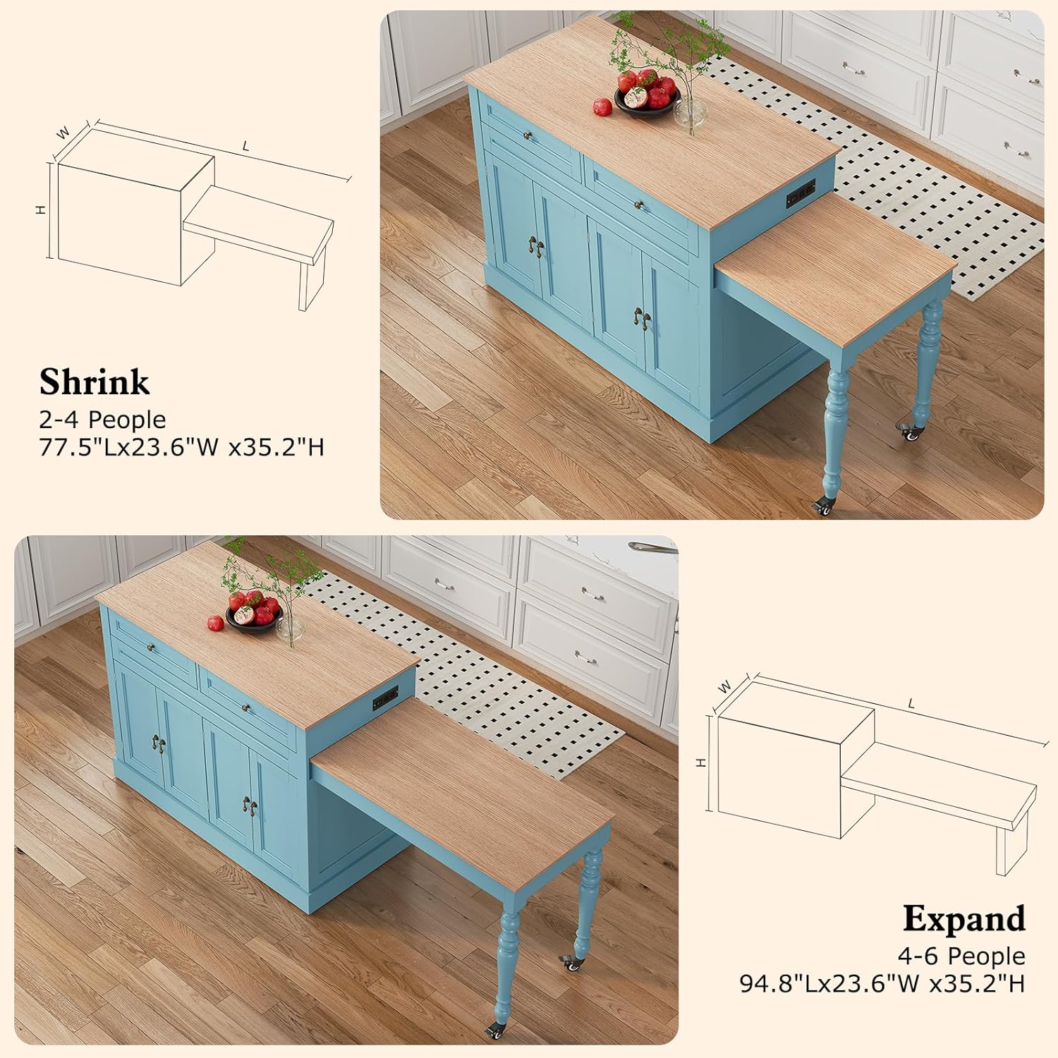 HLR 87.5" Kitchen Island with Extendable Table for 2-6, Rolling Islands Cart with 4 Doors, Mobile Kitchen Island with Storage Slide Out Legs and Power Outlet (Light Blue)