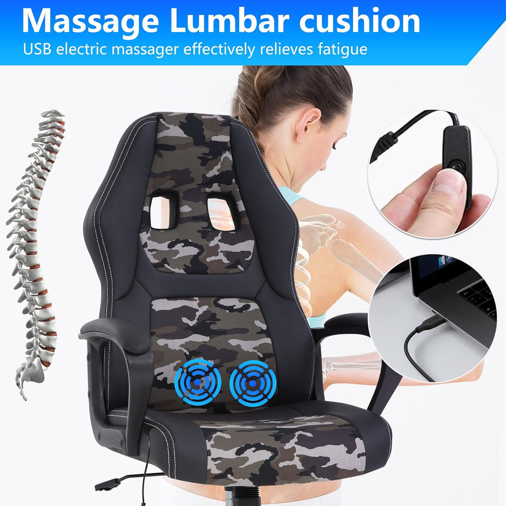 PayLessHere Gaming Chair Ergonomic Office Chair Computer Chair with Lumbar Support Ergonomic Pu Leather Adjustable Height Executive Chair for Women Men and Adults (Massage, Camo)