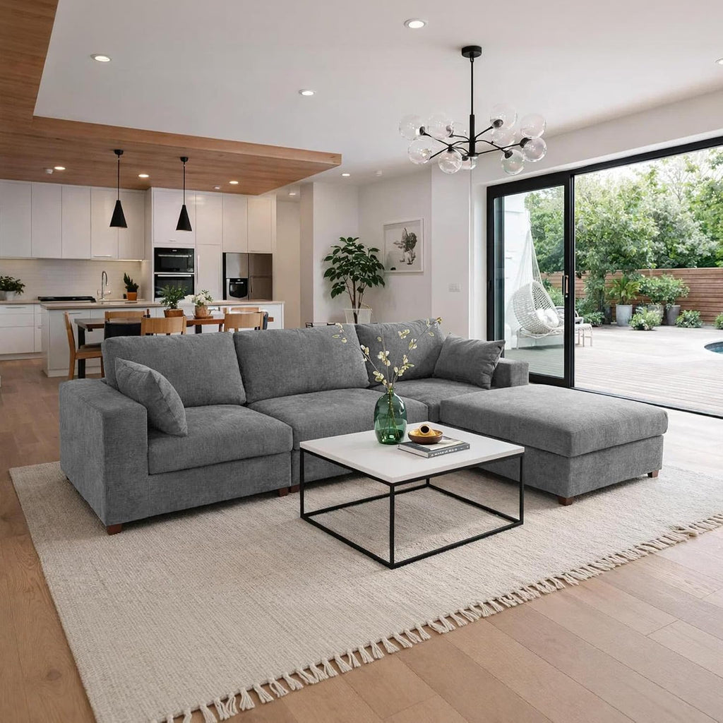113" Oversized Sectional Sofa Set, Extra Large Modular Couch with Ottoman, Upholstered Chenille Cloud Couch Deep Seat Sofa Cushion Covers Removable for Living Room (4 Seater L Shaped Light Grey)