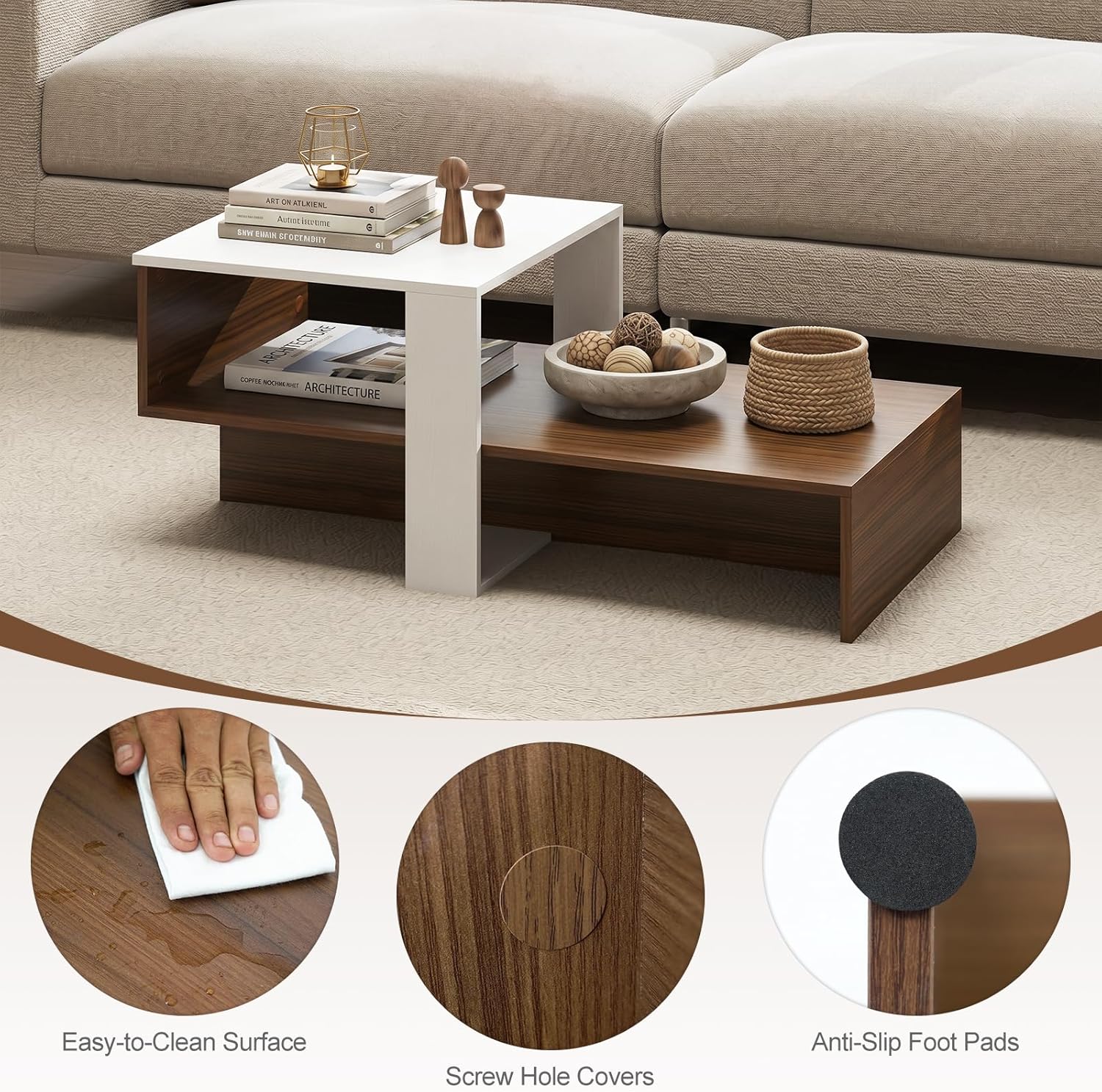 Giantex Small Coffee Table with Storage, 31.5" Wood Unique Center Table with 2-Tier Shelf, Low Accent Cocktail Tea Table, Mid Century Modern Coffee Table for Living Room, Small Spaces, Walnut & White