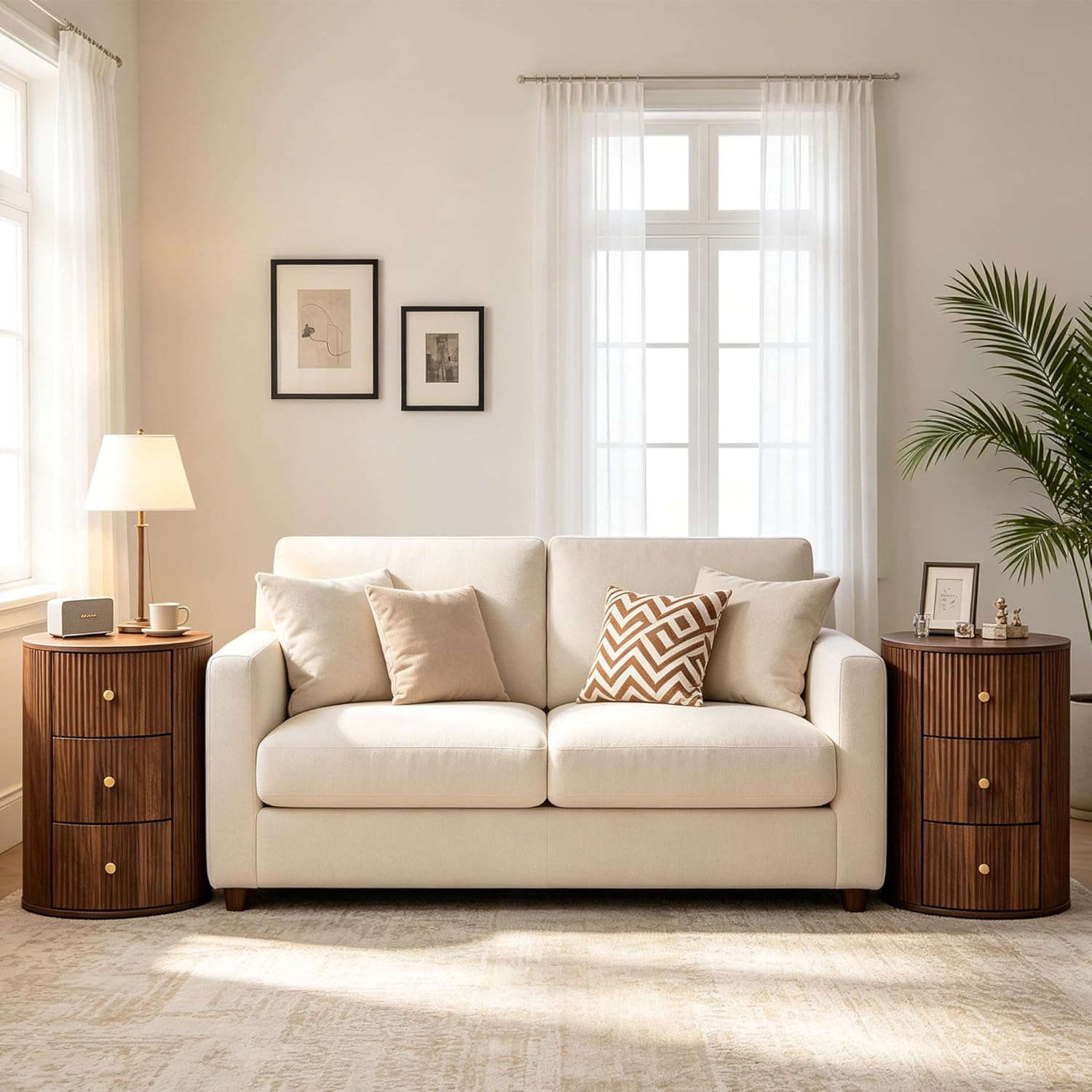 FurSch Fully Assembled Round End Table, Fluted Mid Century Side Table with 3 Storage Drawers for Living Room, Bedroom, Couch (Walnut-2 pcs)