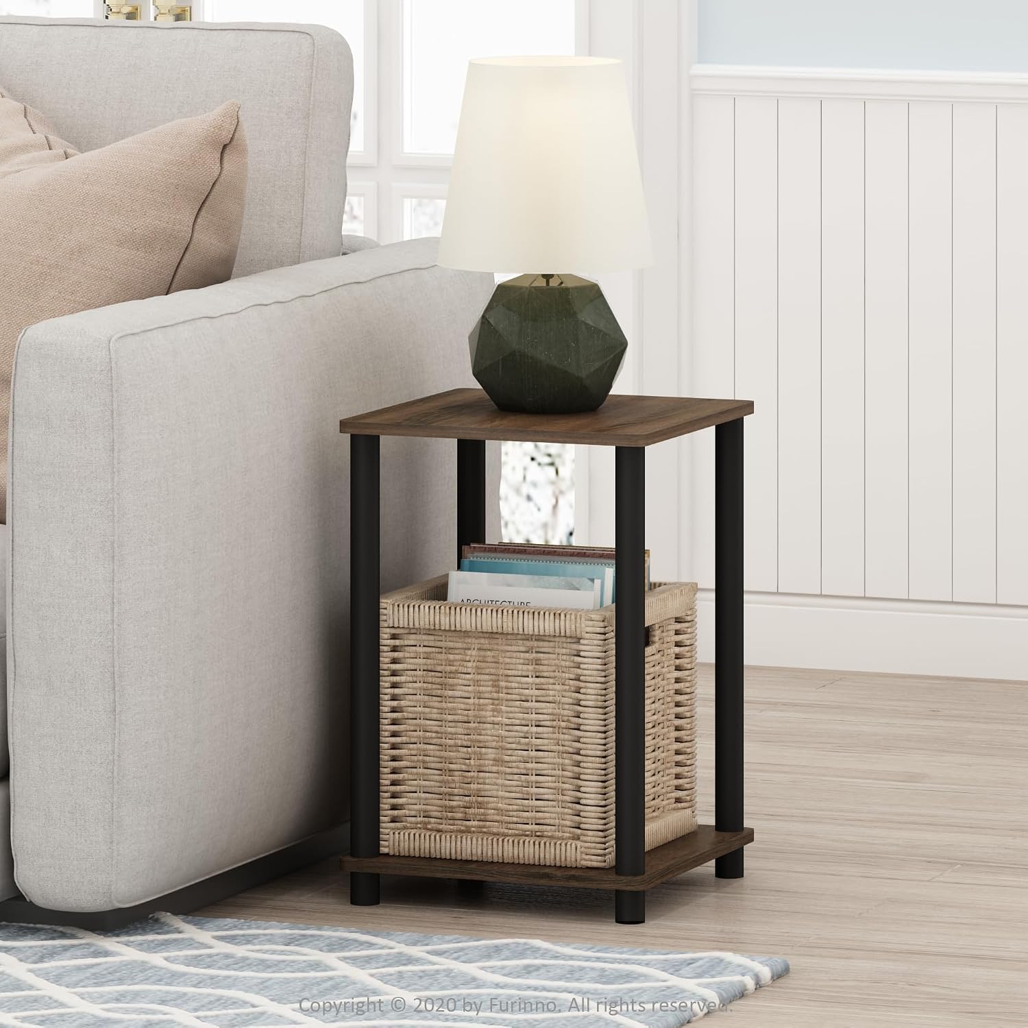 Furinno Turn-N-Tube Side Table Set of 2, 2-Tier Stackable Modern End Table with Open Shelf, Toolless Night Stand, Bedside Table, for Living Room, Bedroom, Black Walnut