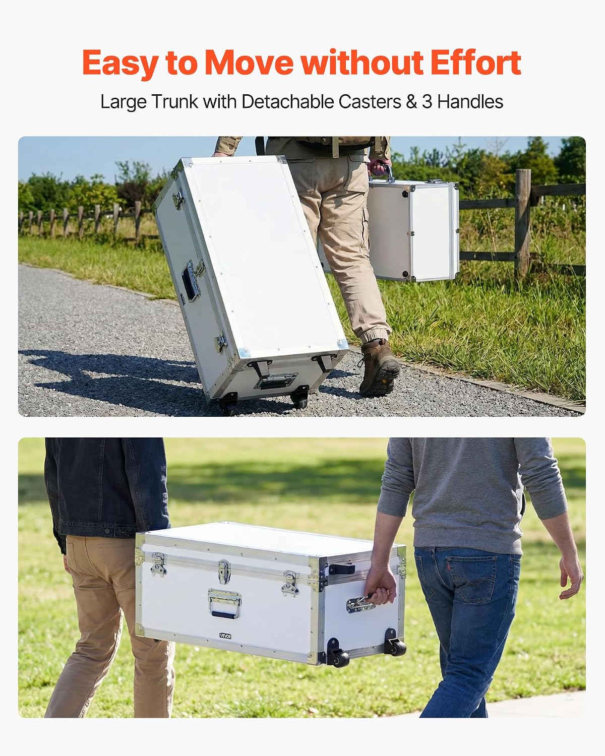 VEVOR Storage Trunk, Set of 2, Wooden Suitcase Storage Boxes with Padlocks, Large Trunk Includes Casters and 3 Metal Handles, Decorative Store Chest with Lids for Travel, Apartment, Dorm, White