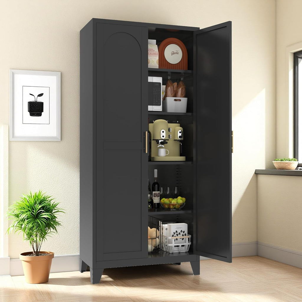 RYH Metal Pantry Cabinet with Doors & 3/4 Shelves, Kitchen Storage Cabinet, Large White Utility Cupboard for Kitchen, Dining Room, Office, Living Room (Black, 70.87" H×31.5" W×15.7" D)