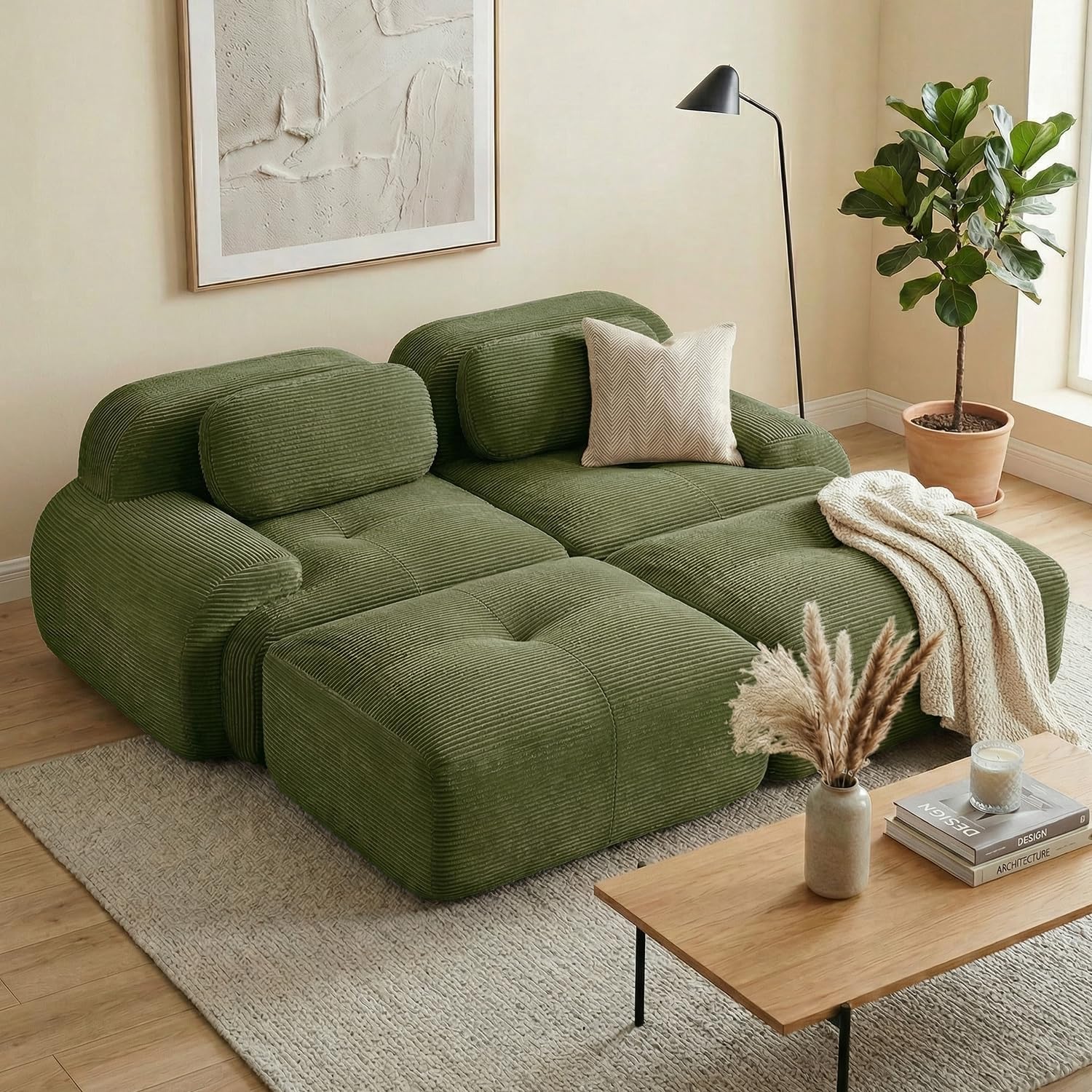 SoarFlash 81” Sectional Cloud Boneless Sofa Couches for Living Room-2 Seater U-Shaped Modern Lounge Couch-No Assembly Modular Corduroy Convertible Sponge Sleeper Sofas with Chaise for Home House,Green