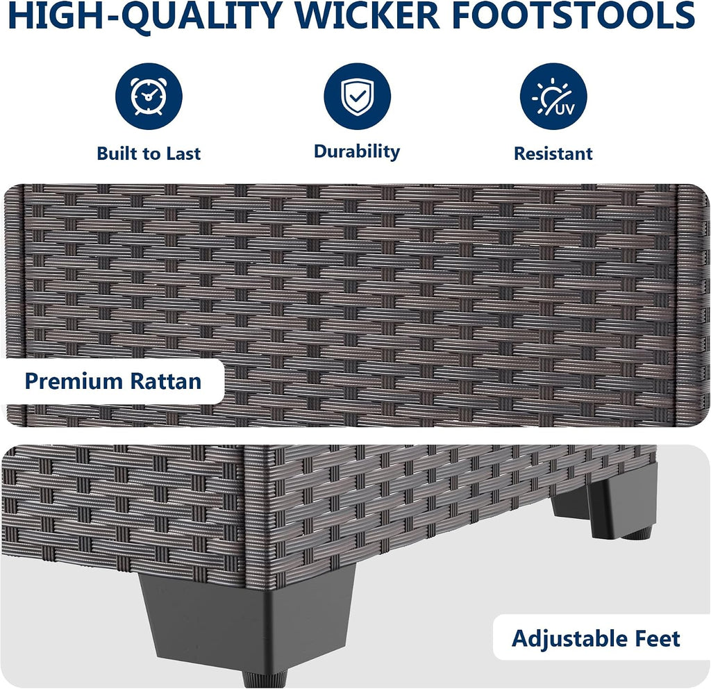 Kullavik Outdoor Ottoman Set of 2,All-Weather PE Wicker Outdoor Footstool with Thickened Cushions for Garden,Backyard,Deck,Porch,Poolside,Navy Blue