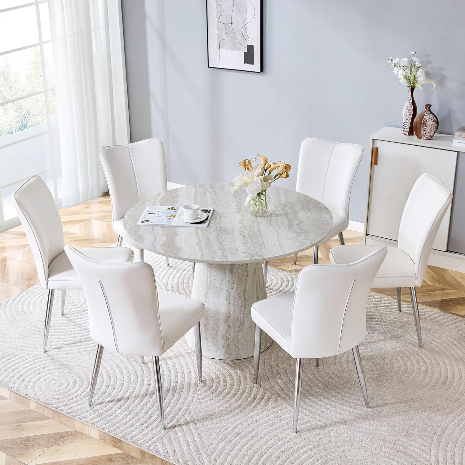 Faux Marble Round Dining Table for 4-6, 45" Modern Farmhouse Round Kitchen Table with 1" Thickened Wood Top & Stable Pedestal for Dining Room,Living Room,Apartment,Restaurant(Beige)