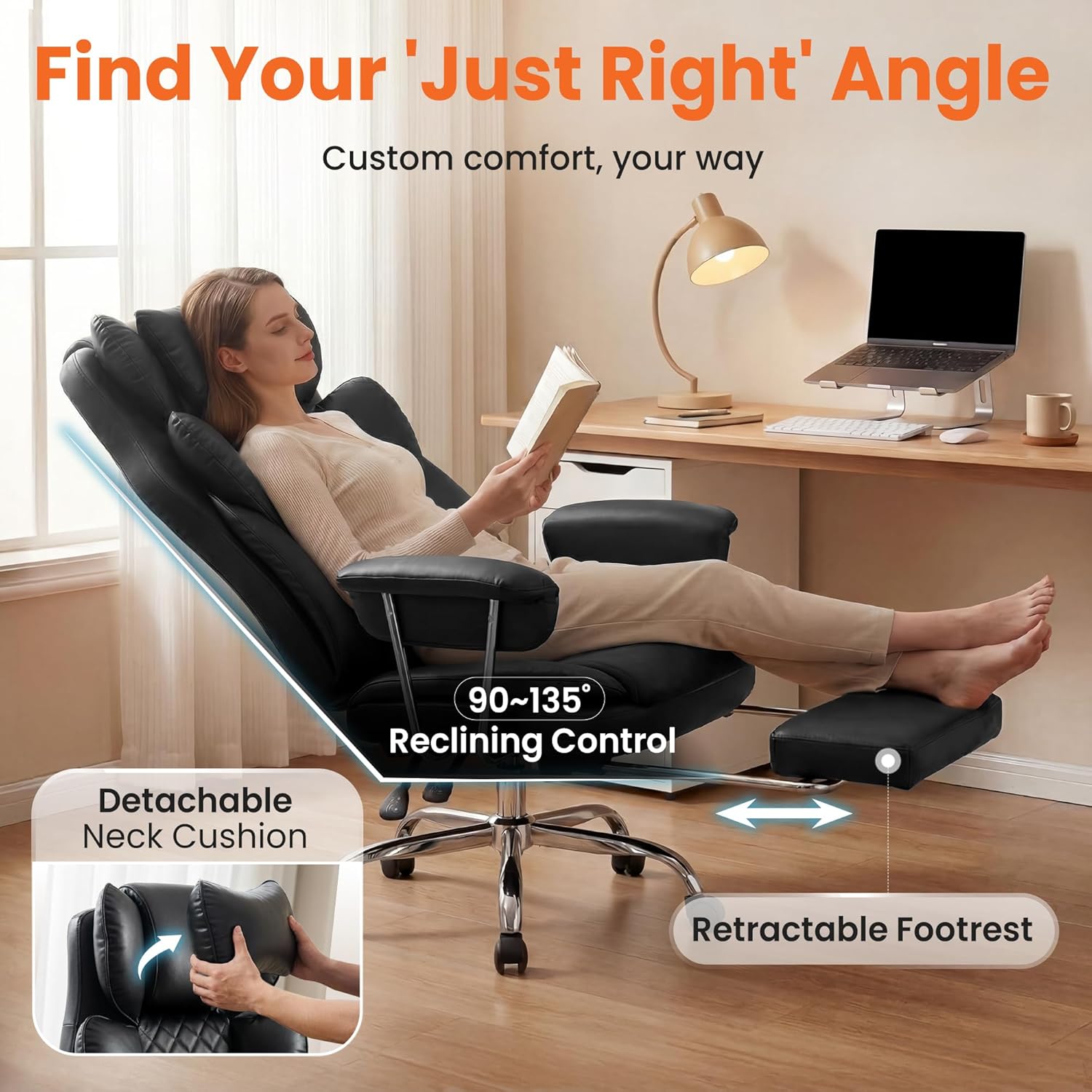 NEO Chair Big and Tall Offie Chair Gaming Computer Chair High Back Heavy Duty Desk Chai with Lumbar Support Adjustable Recliner Footrest Wide Seat Leather Executive Home with Wheels (Leather Black)