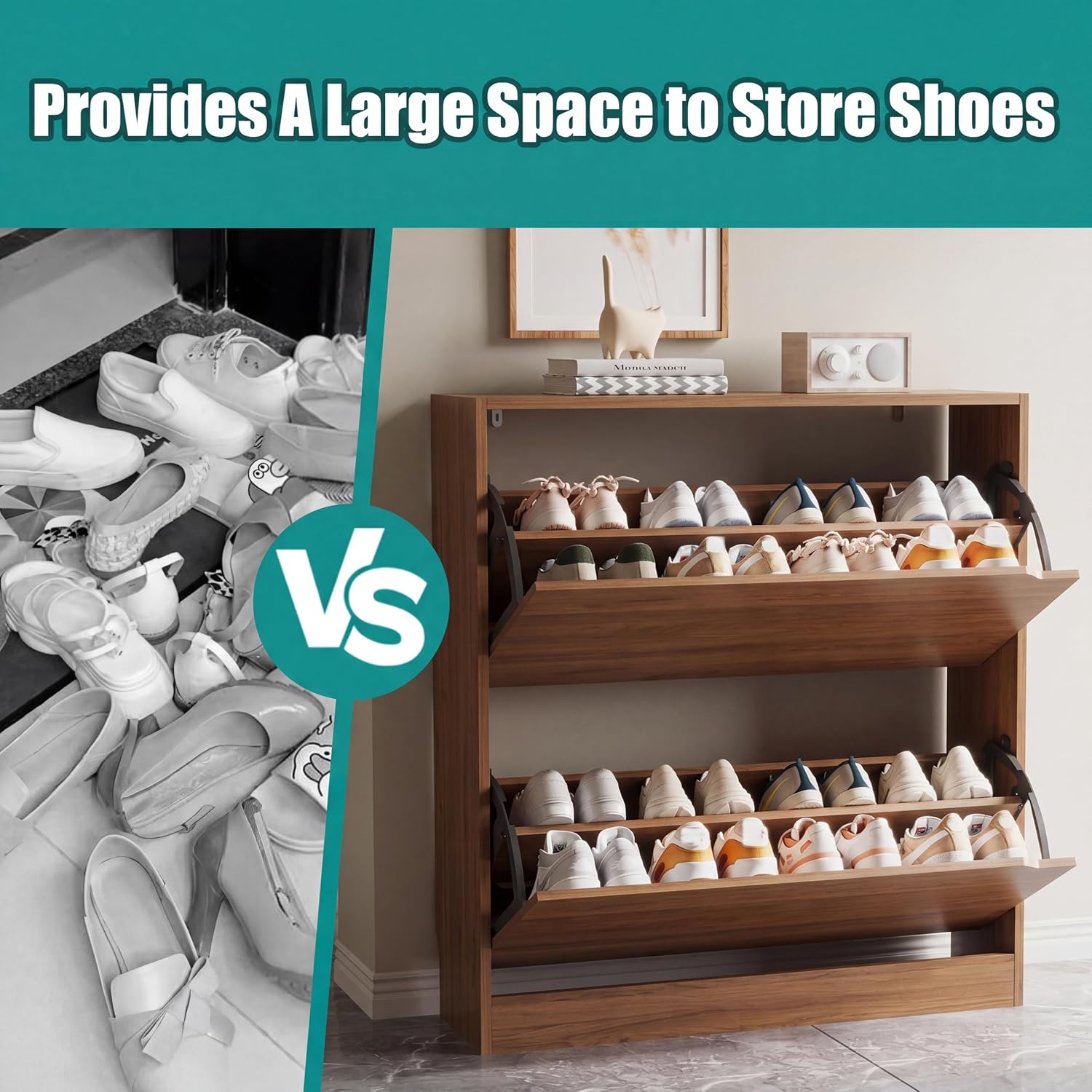Xixini Shoe Storage Cabinet for Entryway with 2 Flip Drawers, Wood Freestanding Hidden Shoe Storage, Narrow Slim Sturdy Shoe Organizer for Front Door Entrance, Living Room, Hallway, Bedroom, Walnut