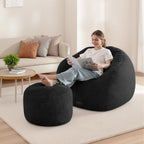 HABUTWAY Bean Bag Chair, Oversized Shell-Shaped Bean Bag Couch with Ottoman, Giant Beanbag Chair for Adults and Kids, Comfy Bean Bag Sofa & Footstool, Large Floor Sofa for Living Room Bedroom, Black