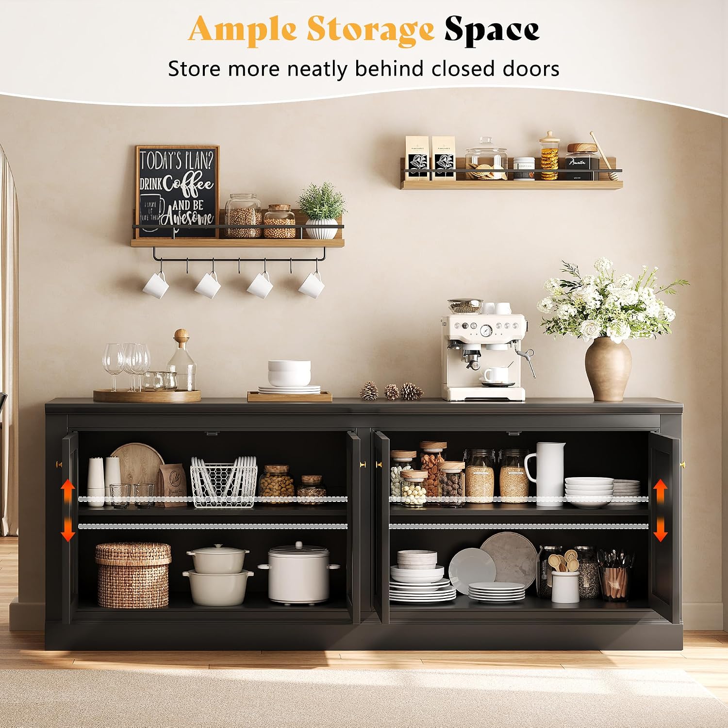 AMERLIFE 72" Modern Sideboard Buffet Cabinet with Vertical Grooved Doors, Storage Console Table with Adjustable Shelves, Coffee Bar/TV Stand for Dining Room, Living Room, Kitchen, Entryway, Black