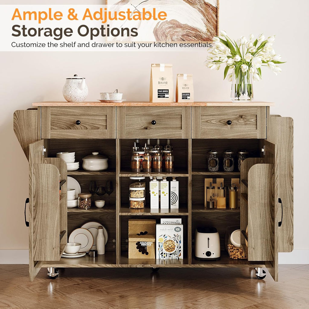 VINGLI Kitchen Island with Storage, 52" Rolling Kitchen Cart with 3 Drawers & Shelves, Drop Leaf Design, Mobile Island with Barn Doors, Towel & Spice Rack for Kitchen & Dining, Grey Brown Oak