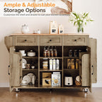 VINGLI Kitchen Island with Storage, 52" Rolling Kitchen Cart with 3 Drawers & Shelves, Drop Leaf Design, Mobile Island with Barn Doors, Towel & Spice Rack for Kitchen & Dining, Grey Brown Oak