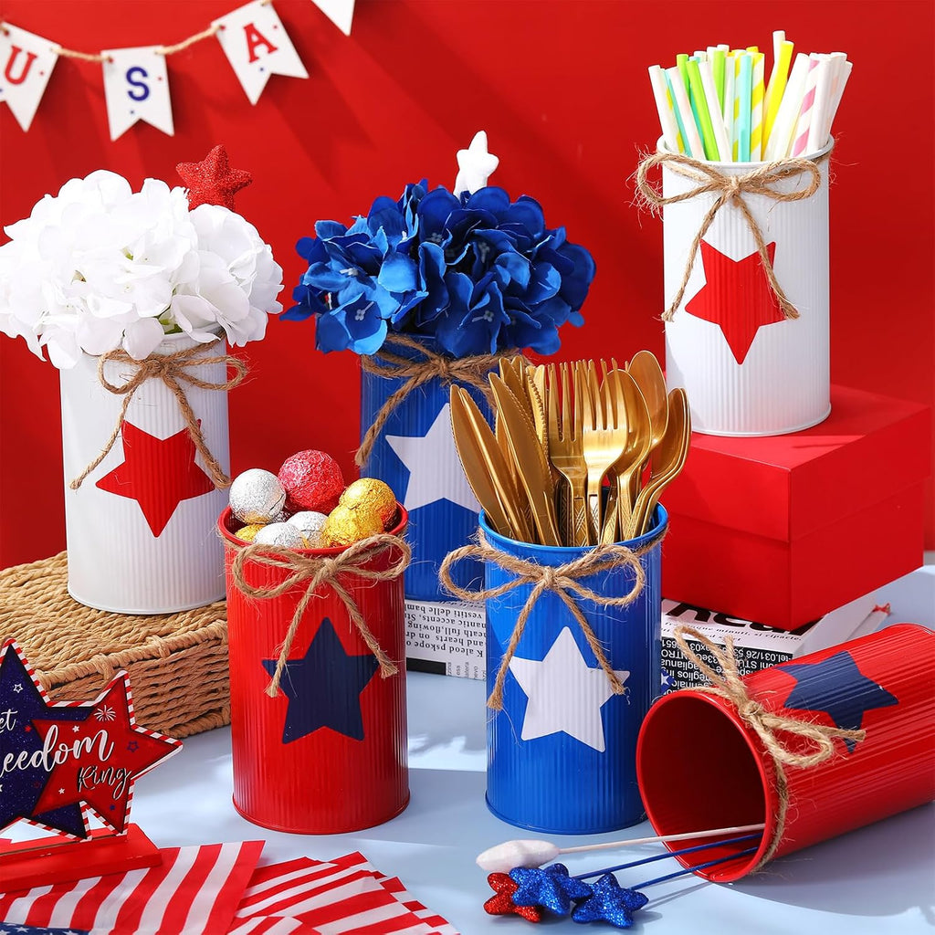 Domensi 6 Pcs 4th of July Table Centerpiece Patriotic Vases Decor Galvanized Metal Vases for Flowers Red White Blue Mason Jars Utensil Holder for Kitchen Home Independence Day Labor Day Decorations