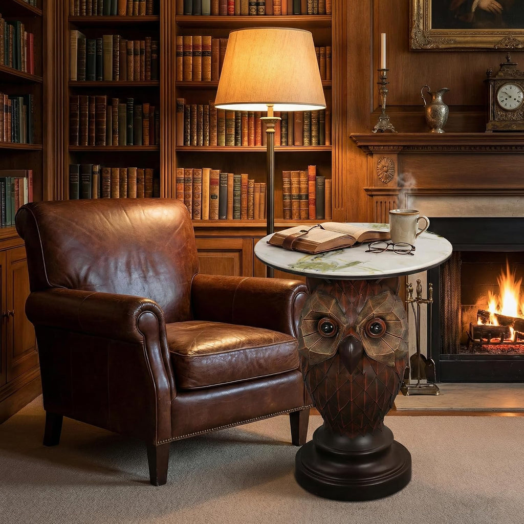 Owl Side Table, Round End Table with Faux Marble Top, Resin Owl Statue Base, Unique Animal Accent Table for Living Room, Bedroom, Nursery, Rustic Brown 22.83“ Tall 17.17" Height