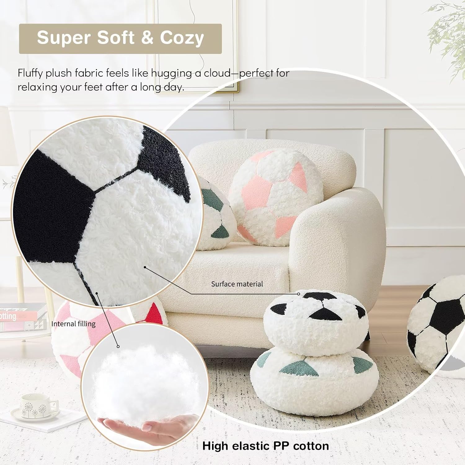 Soccer Pillow Football Round Cushion Soft Fluffy Soccerball Decorative Plush Pillow for Room Decor (Black, 12 Inch)