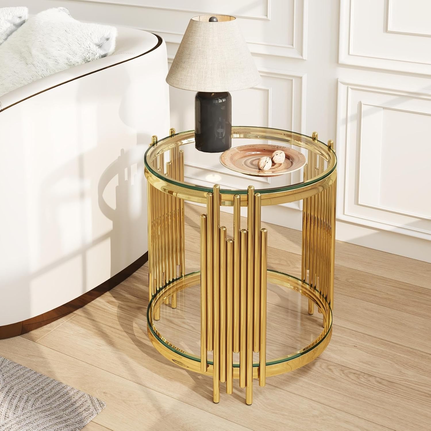 KEIKI 19.7''D Round Glass Side End Table with 2 Tiers, Accent Couch Sofa Bedside Table Night Stand for Living Room Bedroom Office, Tempered Glass-top, Artistic Stainless Steel Organ Pipe Design Legs