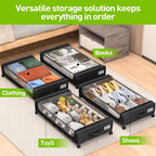 APSARAS USA Under Bed Storage with Wheels, Underbed Storage with Wheels and Clear Window, Rolling Drawers & Bins for Shoes Clothes in Dorm Bedroom, Easy Pull-out Black 2-Pack- Space-Saving