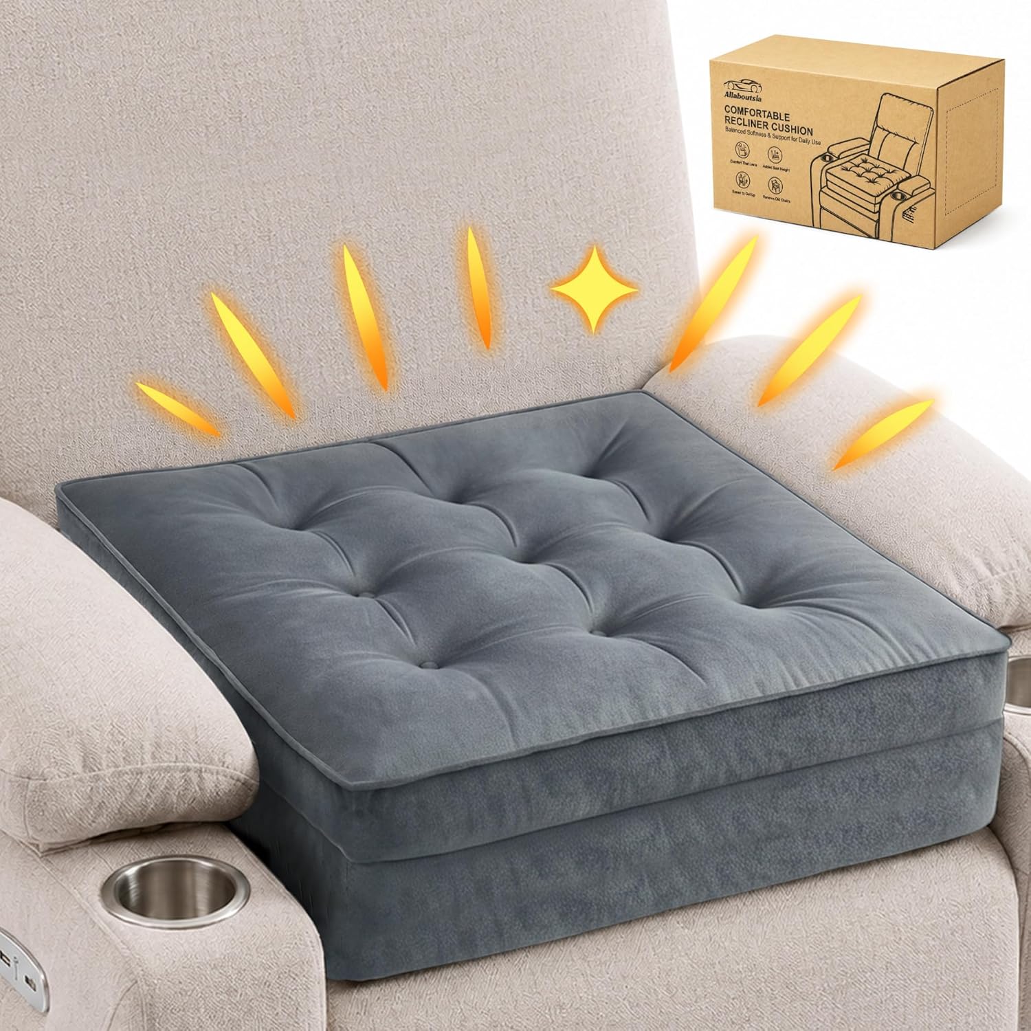 Allaboutsla Recliner Cushion for Elderly: 20x20x5 Comfy Recliner Seat Cushion, Dual-Layer Foam Support for Long Sitting and Raise Seat Height, Non-Slip Cushions for Recliners, Couch & Armchair - Gray