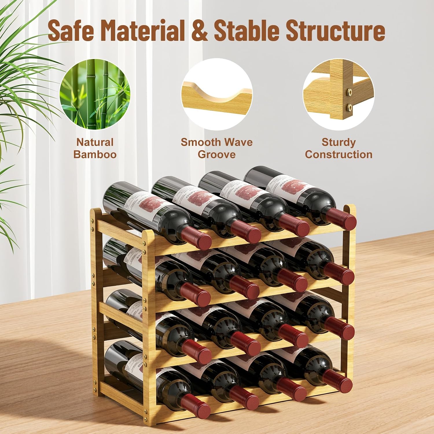 Nuovoware Bamboo Wine Rack, 4-Tier 16-Bottle with Wavy Groove, Wood Color | Sturdy Freestanding Countertop Shelf for Kitchen, Pantry, Dining Room, Basement, Bar, Wine Cellar