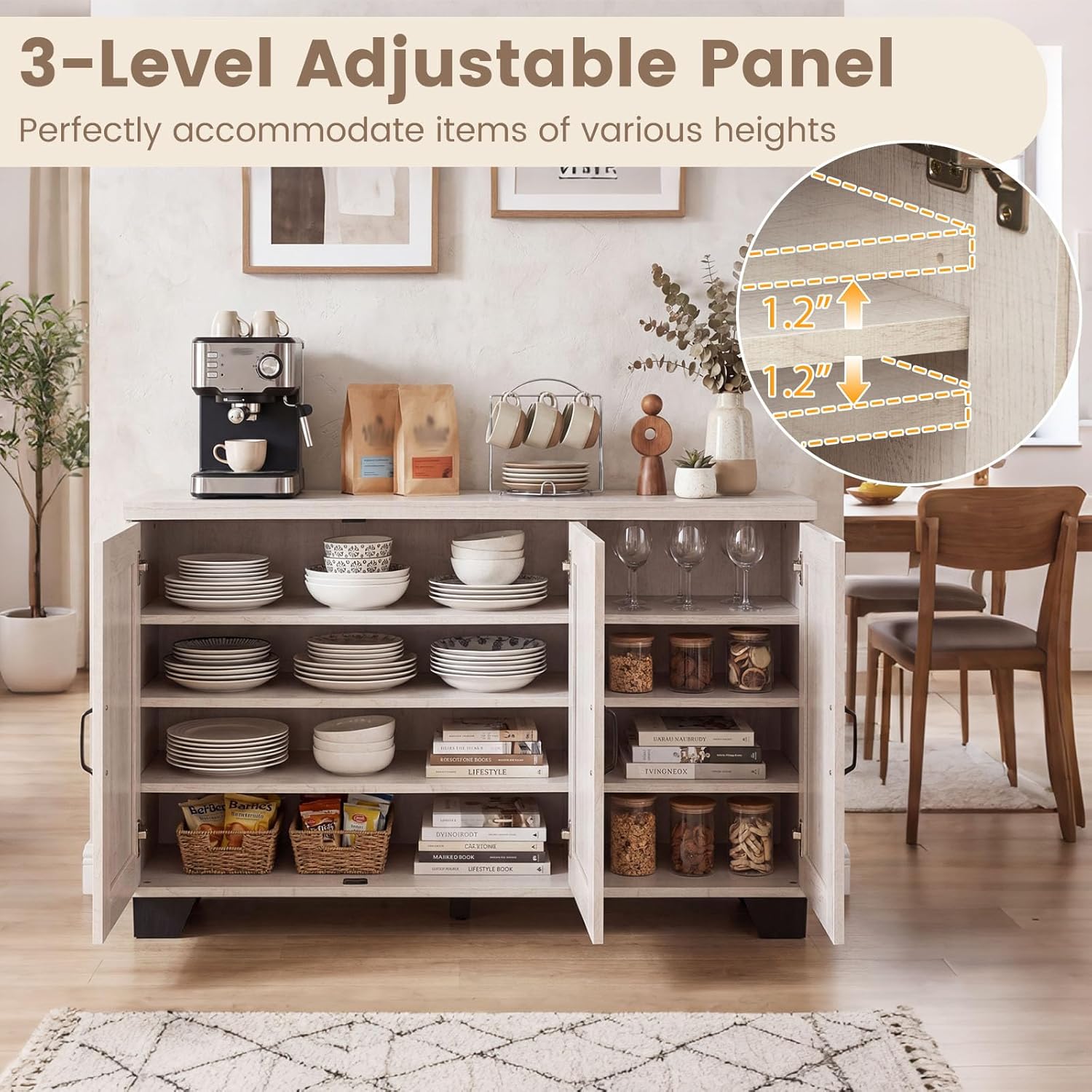 Giantex Sideboard Buffet Cabinet with Storage, 45" Farmhouse Coffee Bar Cabinet with 3 Doors & Adjustable Shelves, Mid Century Modern Sideboard Buffet for Kitchen, Living Room, Entryway (Light Oak)