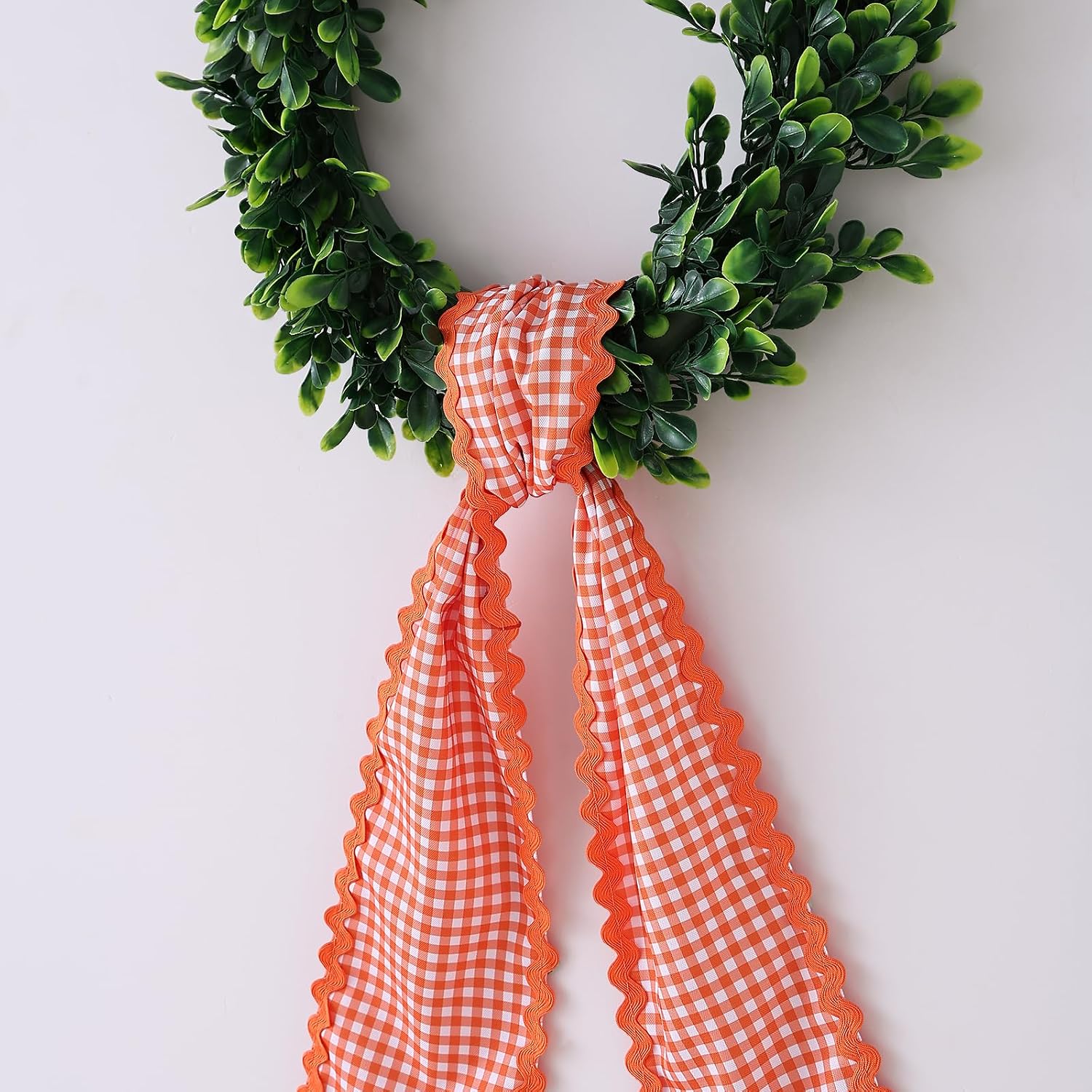 DYSHAYEN Wreath Sash for Front Door,Canvas RIC Rac Trim Wreath Accessories for Yard Doorway Indoor Outdoor Bridal Shower Easter Home (Orange Plaid-Orange Trim)