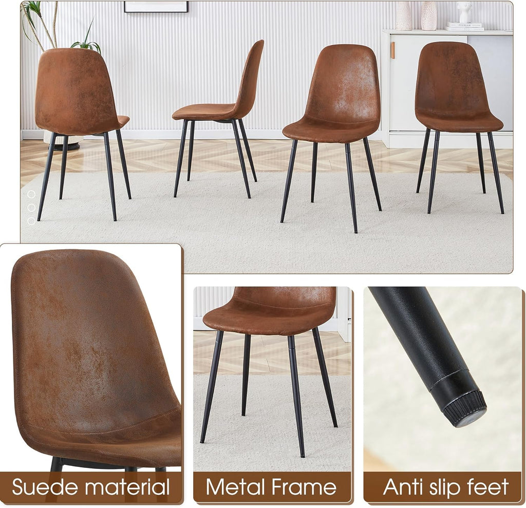 FURNITO 55" Dining Room Table Set for 4, Mid Century Modern Dining Table Set with Upholstered Chairs, Rustic Dark Wood Kitchen Table and Chairs Set for Living Room, Space-Saving & Easy Assembly