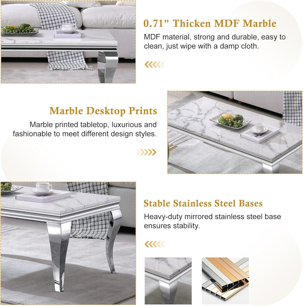 Luxury Modern Faux Marble Coffee Table Set of 3 – White MDF Marble Top with Silver Stainless Steel Base, Includes 1 Coffee Table & 2 End Tables for Living Room
