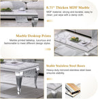 Luxury Modern Faux Marble Coffee Table Set of 3 – White MDF Marble Top with Silver Stainless Steel Base, Includes 1 Coffee Table & 2 End Tables for Living Room