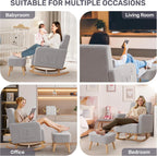 HCHAIRH Nursery Rocking Chair with Ottoman, Upholstered Glider Rocker with High Backrest Side Pocket, Rocking Accent Armchair with Solid Wood Legs for Nursery, Living Room, Bedroom, Light Grey