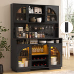 71" Pantry Cabinet, 54" Wide Kitchen Cabinet with Charging Station, Kitchen Hutch Storage with Pegboard and LED Light, Large Pantry Cabinets with Adjustable Shelves & Wine Rack for Dining Room, Black