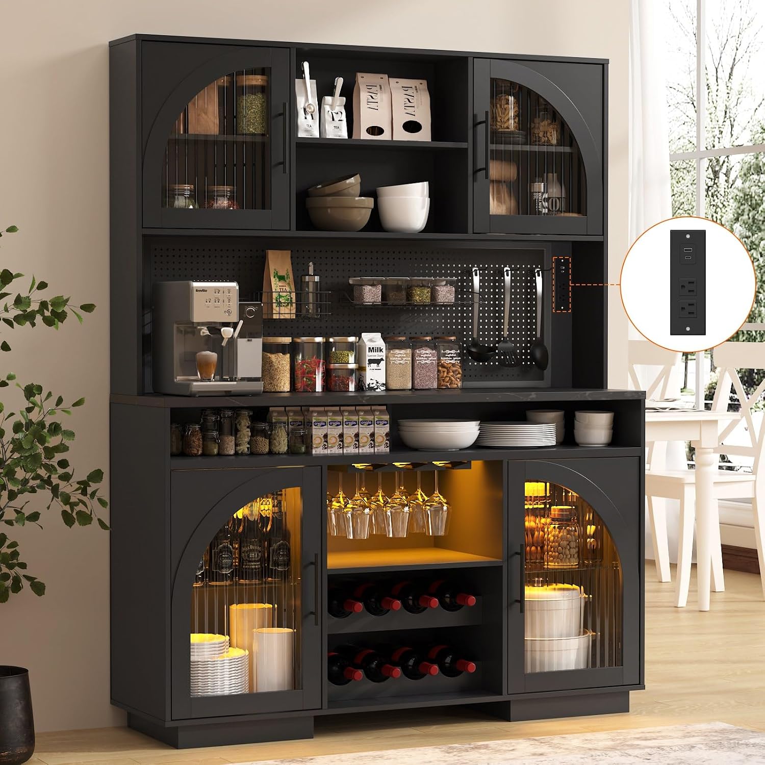 71" Pantry Cabinet, 54" Wide Kitchen Cabinet with Charging Station, Kitchen Hutch Storage with Pegboard and LED Light, Large Pantry Cabinets with Adjustable Shelves & Wine Rack for Dining Room, Black