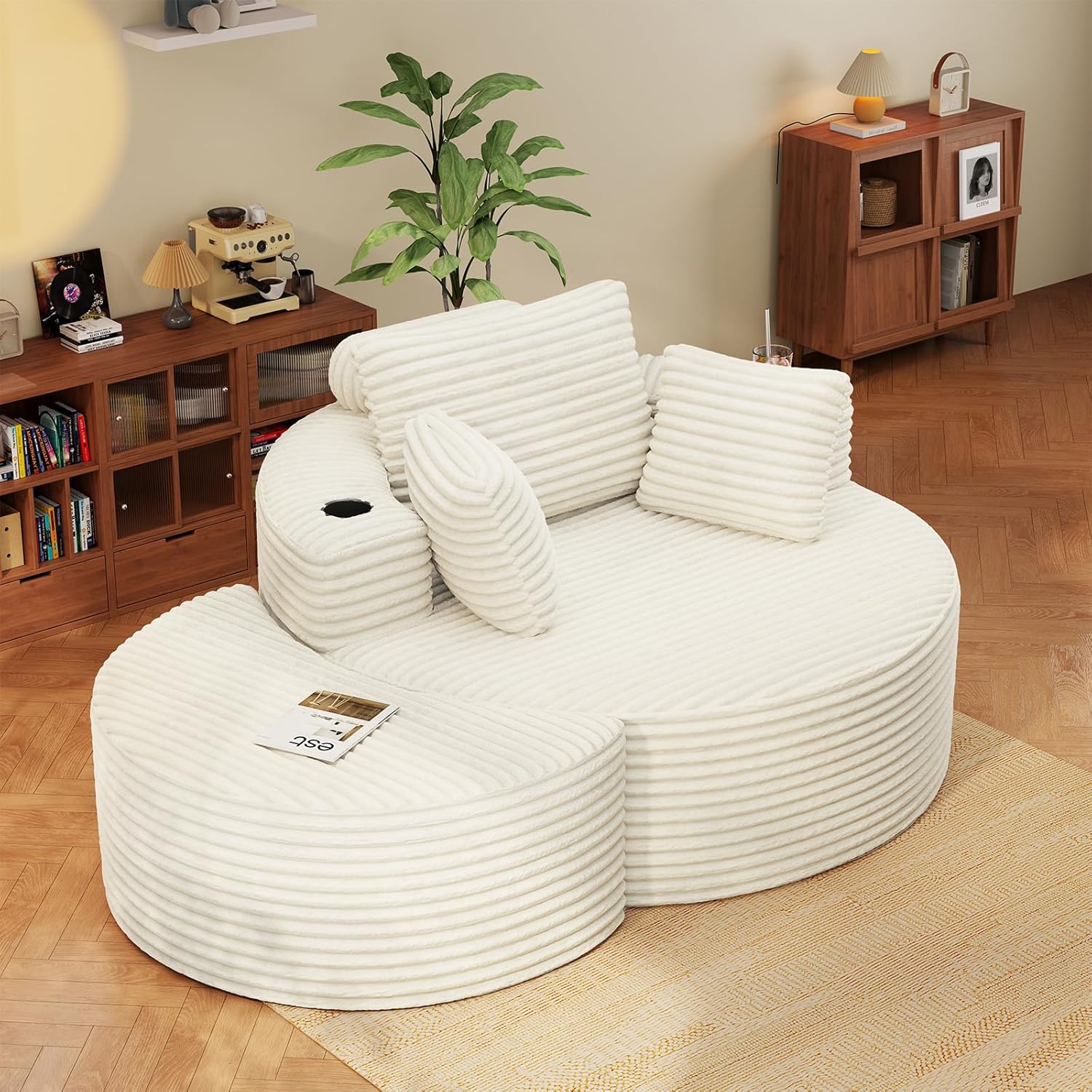 Round Chaise Lounge with Ottoman, Boneless Cloud Corduroy Curved Reading Lounge Sofa Chair with Cup Holders, Circle Memory Foam Chaise Chair and Ottoman Set for Study, Living Room, Sunroom, Beige