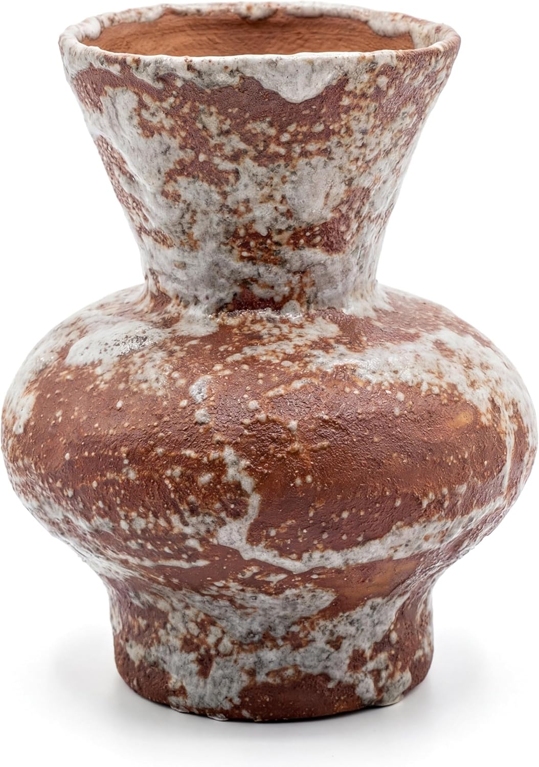 Rustic Ceramic Flower Vase for Home Decor, Handmade Vintage Stoneware Clay Pottery Terracotta Textured for Modern Farmhouse, Living Room, Office Desk Table Shelf (Dark Brown and White) 5.5IN