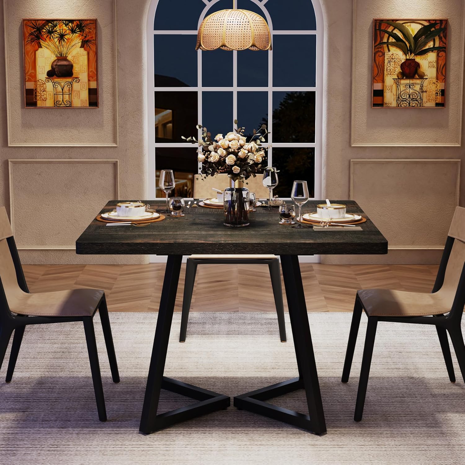 Tribesigns Square Dining Table for 2, 31.5" Industrial Dinner Table with Metal Base, Kitchen Table for Dining Room, Small Space, Apartment, Rustic Brown & Black
