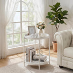 TeoKJ 2 Tier Round Side Table, Folding Round Metal End Table Small Nightstand with Two Removable Tray for Bedroom Living Room Bedside Small Spaces White
