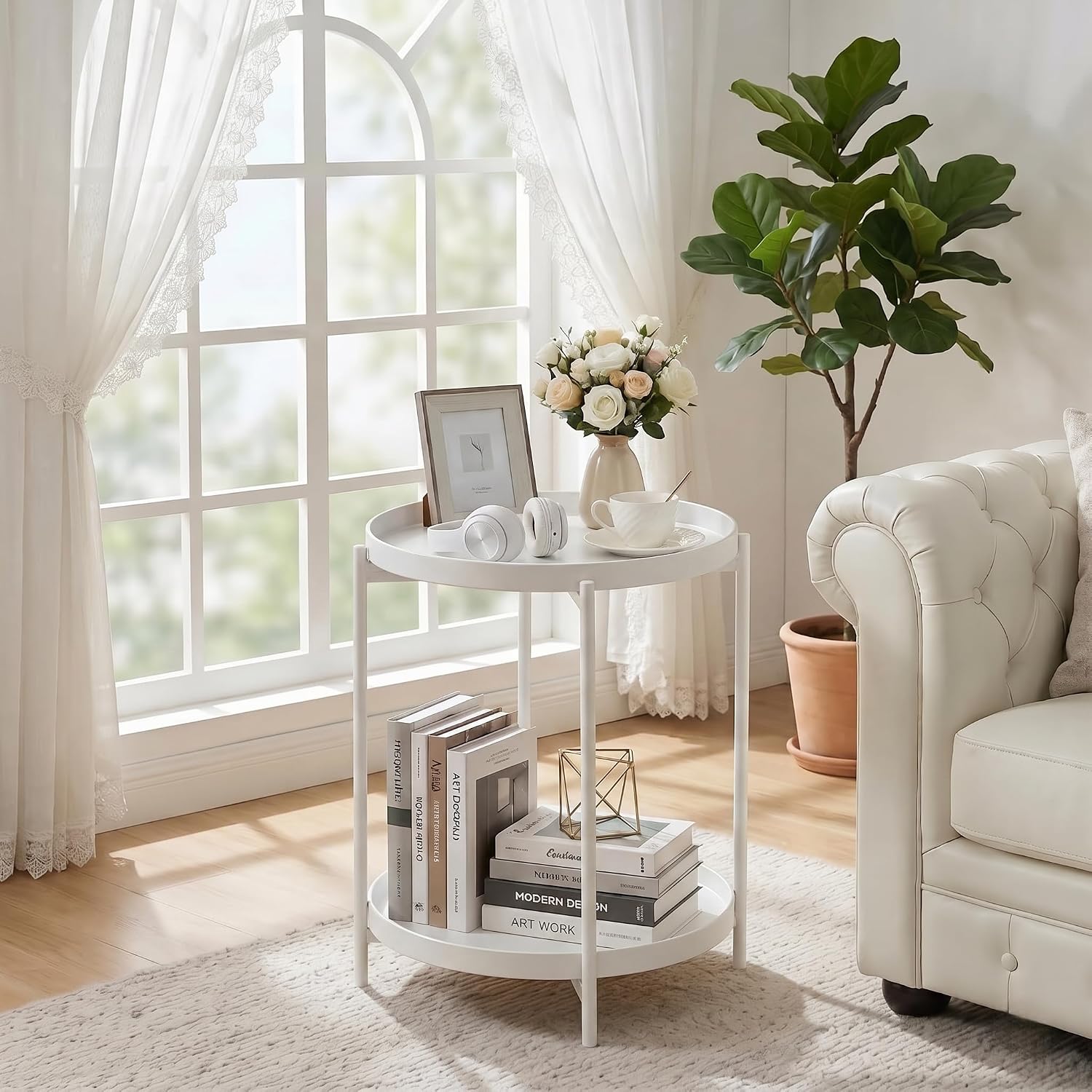 TeoKJ 2 Tier Round Side Table, Folding Round Metal End Table Small Nightstand with Two Removable Tray for Bedroom Living Room Bedside Small Spaces White