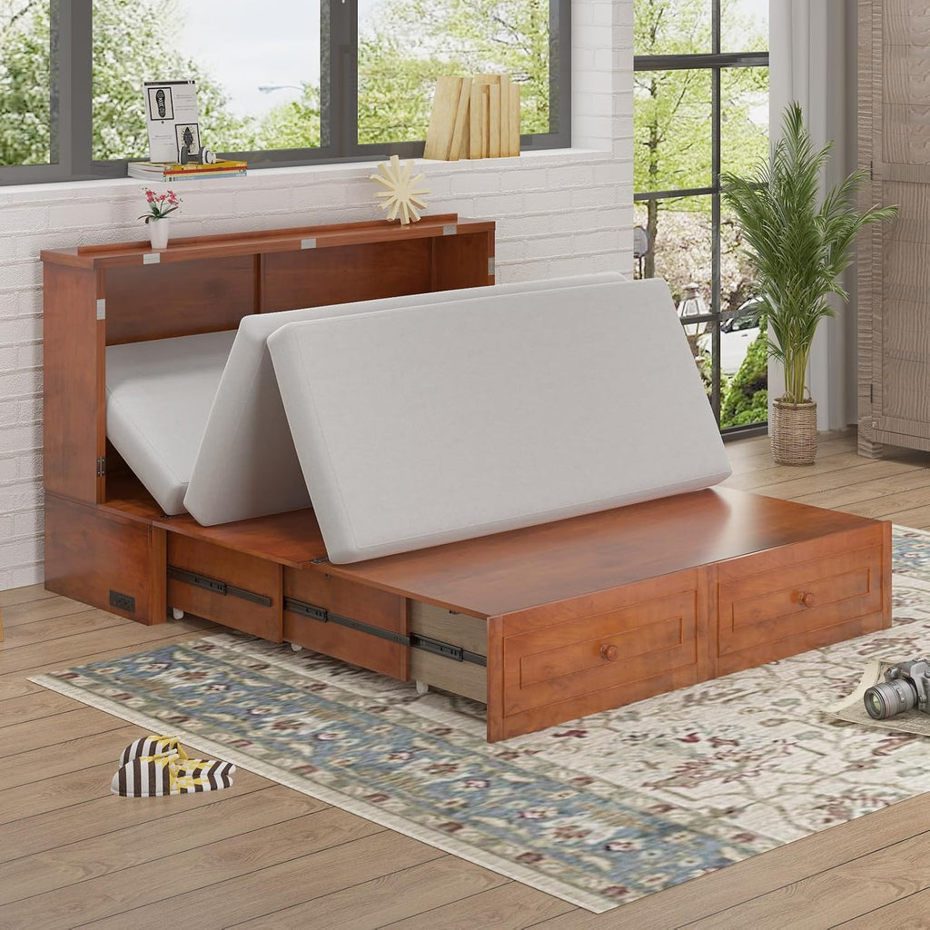 BALUS Queen Murphy Bed Cabinet with Tri-Fold Memory Foam Mattress, Built-in USB Charging Station, Cube Cabinet Bed with Storage Drawer, Modern Adults Chest Cabinets Wall Beds for Living Room, Cherry