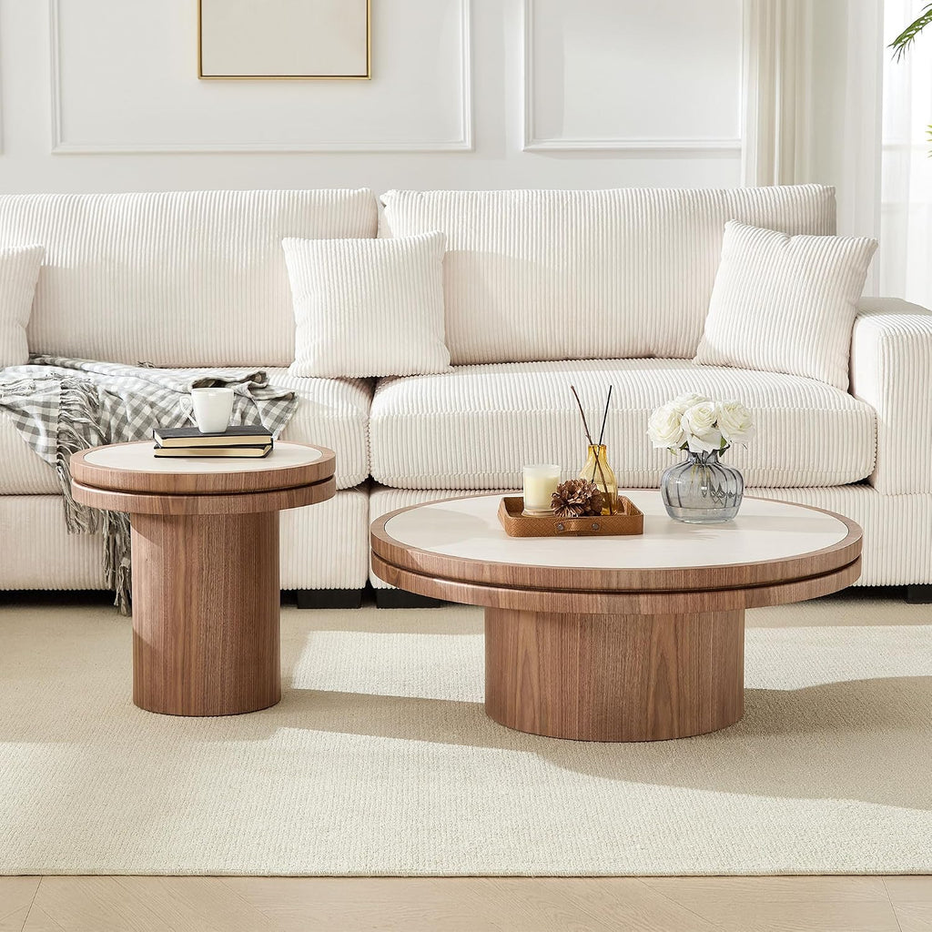 Round End Table, 19.49'' Mid Century Modern Faux Marble Side Table, Circle Bedside Tables Drink Table Wood Nightstand for Small Spaces, Living Room Walnut