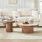 Round End Table, 19.49'' Mid Century Modern Faux Marble Side Table, Circle Bedside Tables Drink Table Wood Nightstand for Small Spaces, Living Room Walnut