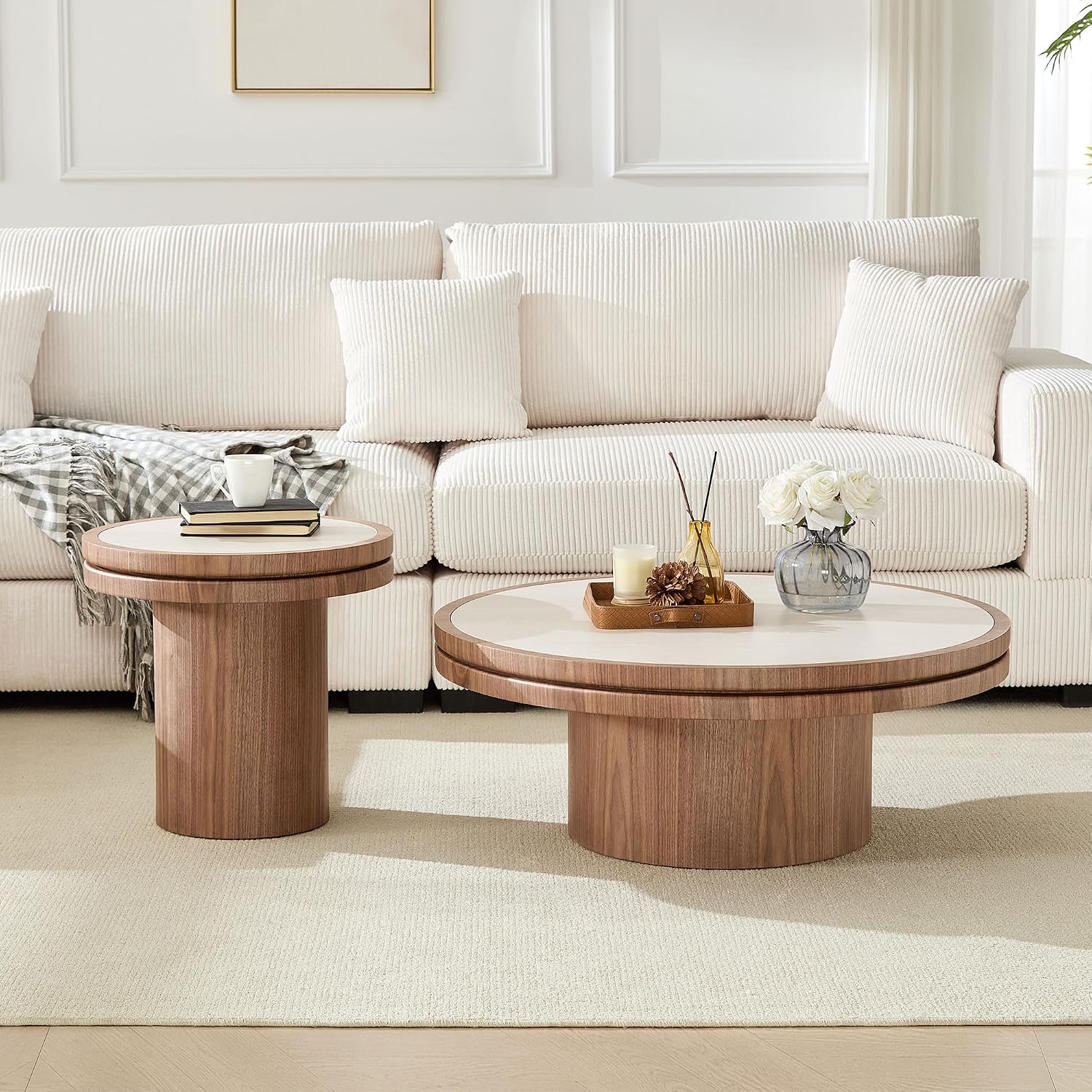 Round End Table, 19.49'' Mid Century Modern Faux Marble Side Table, Circle Bedside Tables Drink Table Wood Nightstand for Small Spaces, Living Room Walnut