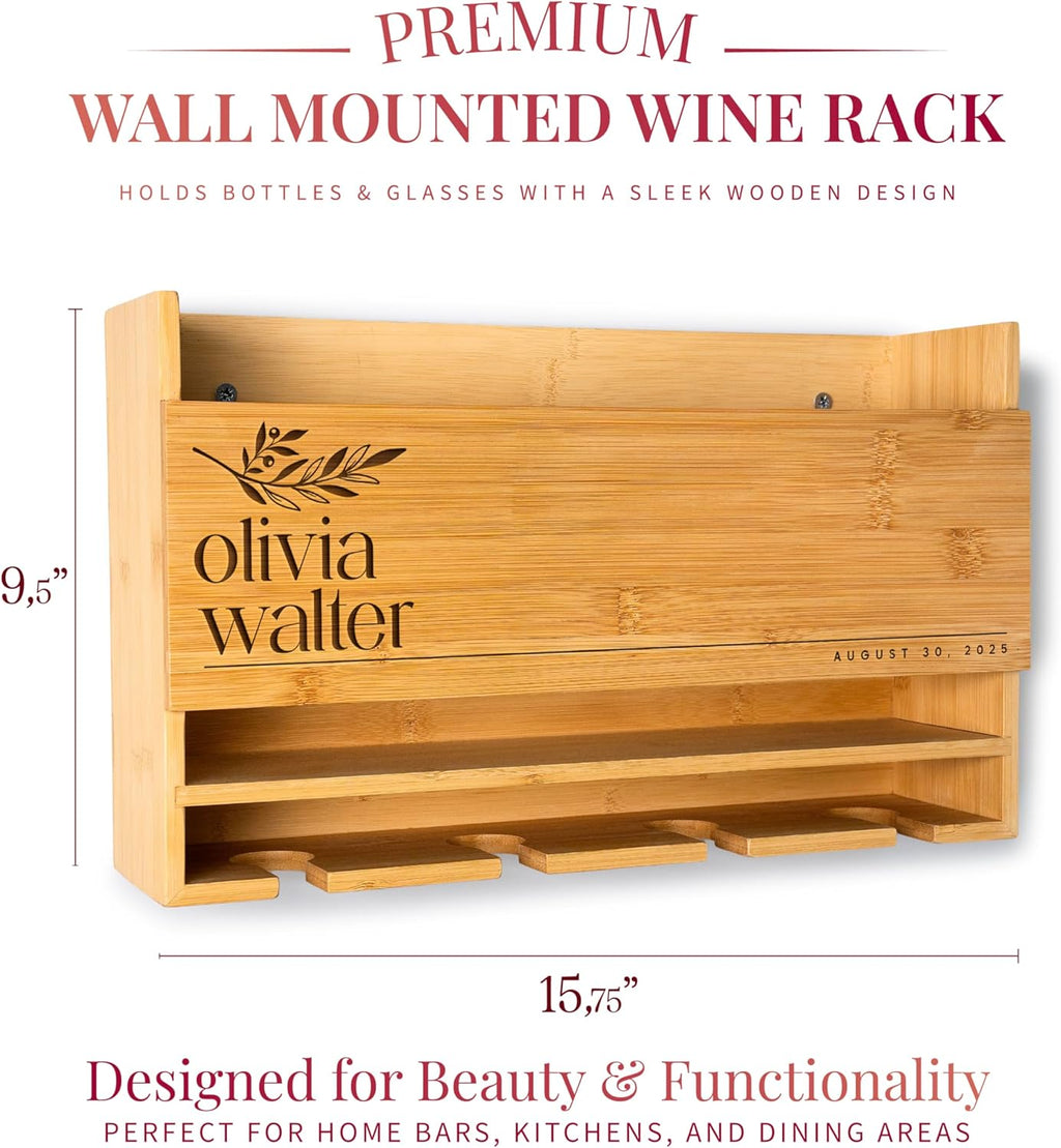 Personalized Wine Rack - Wall Mounted Custom Engraved Holder for 4 Bottles and Glasses - Ideal Gift for Wine Lovers, Weddings, Housewarmings - Customized Names Gifts for Couples