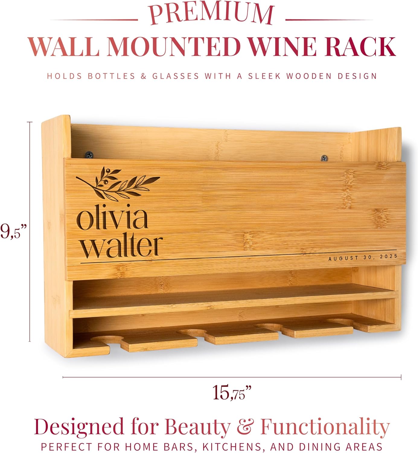 Personalized Wine Rack - Wall Mounted Custom Engraved Holder for 4 Bottles and Glasses - Ideal Gift for Wine Lovers, Weddings, Housewarmings - Customized Names Gifts for Couples